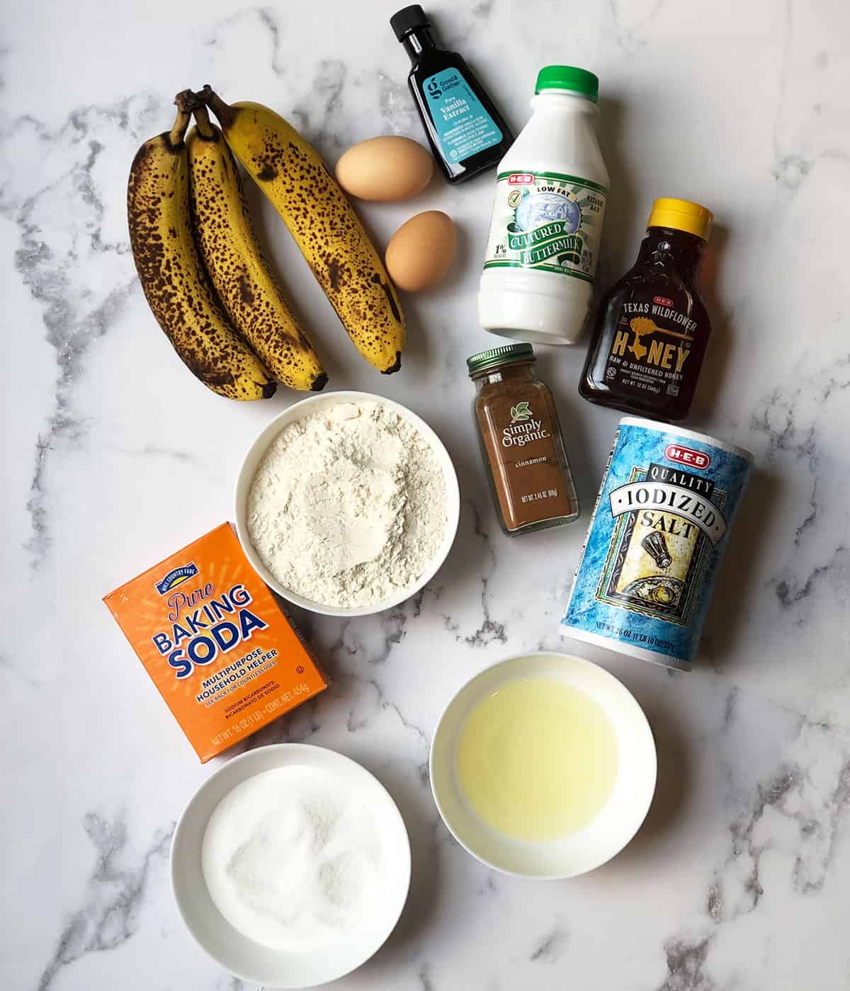 ingredients needed for honey and buttermilk banana bread