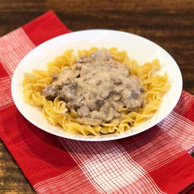 Bison Stroganoff over egg noodles in a white bowl with a red linen under it.