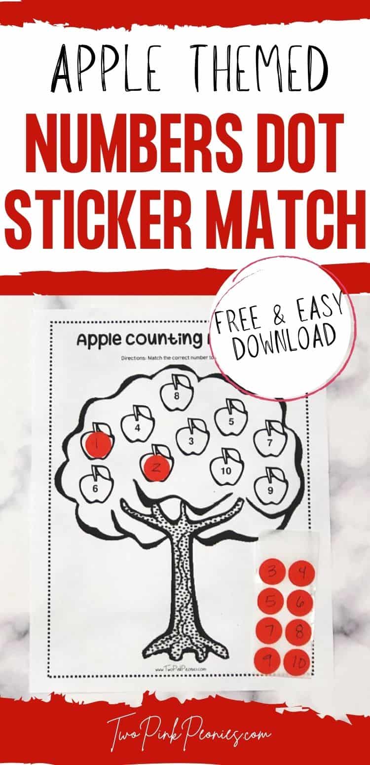 text that says apple themed numbers dot sticker match free and easy download. Below the text is an image of the printable