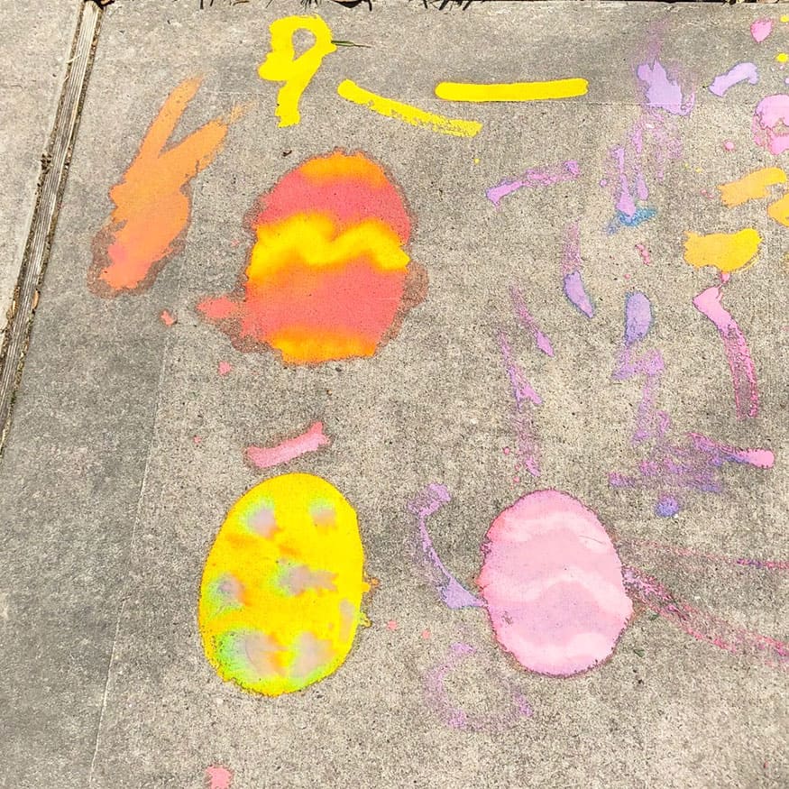 Easter eggs painted with sidewalk chalk paint. 