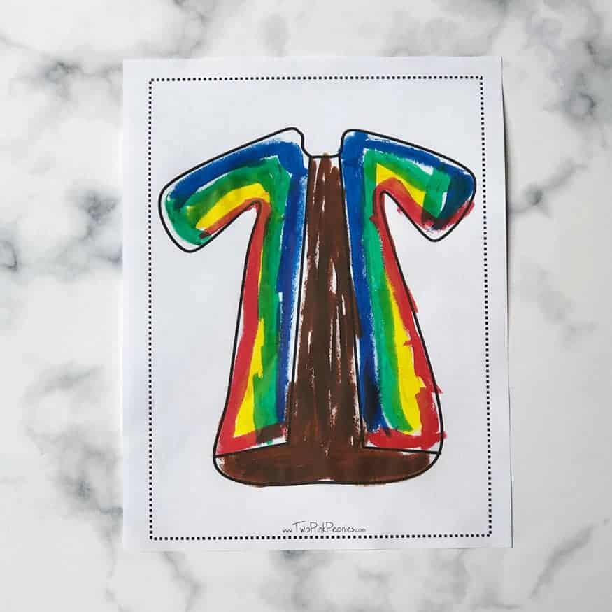 Joseph's Coat Printable colored in with tempera paint sticks.