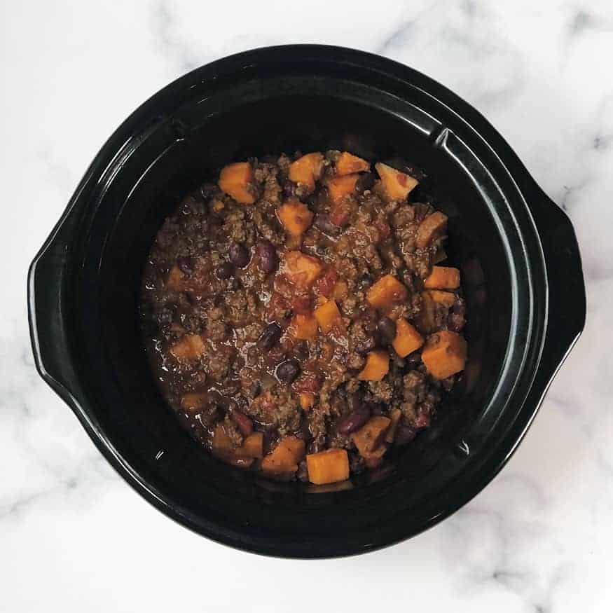 sweet Potato and Bison Chili in a crockpot
