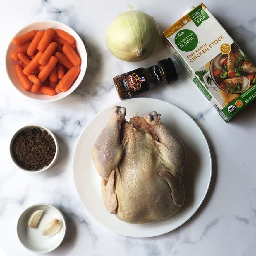 Ingredients needed to make a Garlic Brown Sugar Whole Chicken in the Slow Cooker