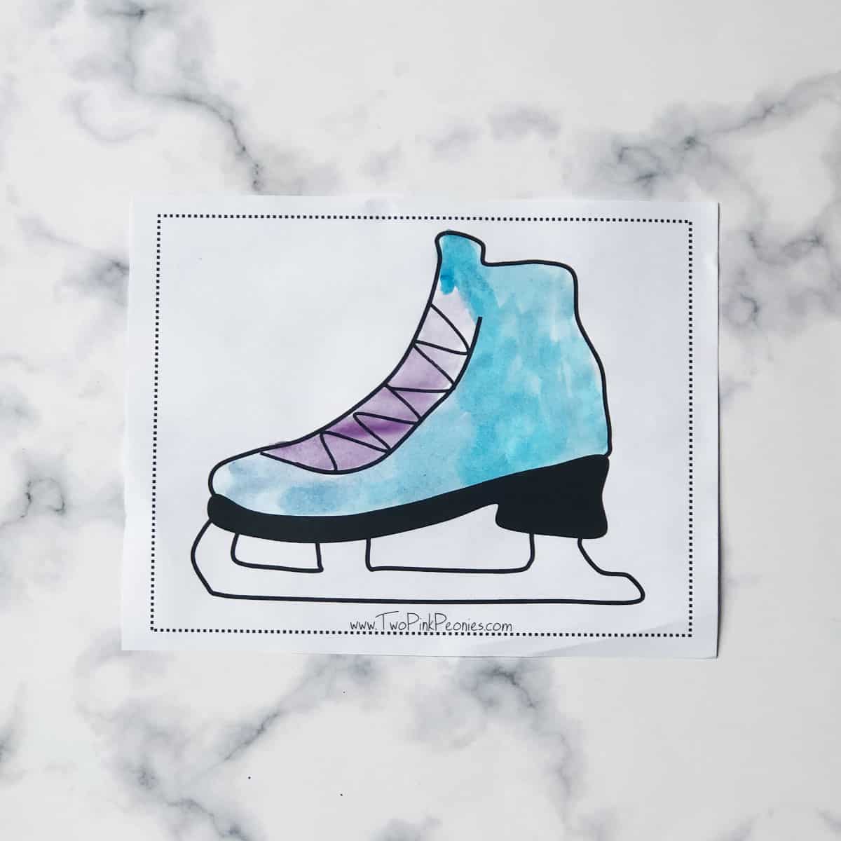 The ice skate template with water colors on it. 