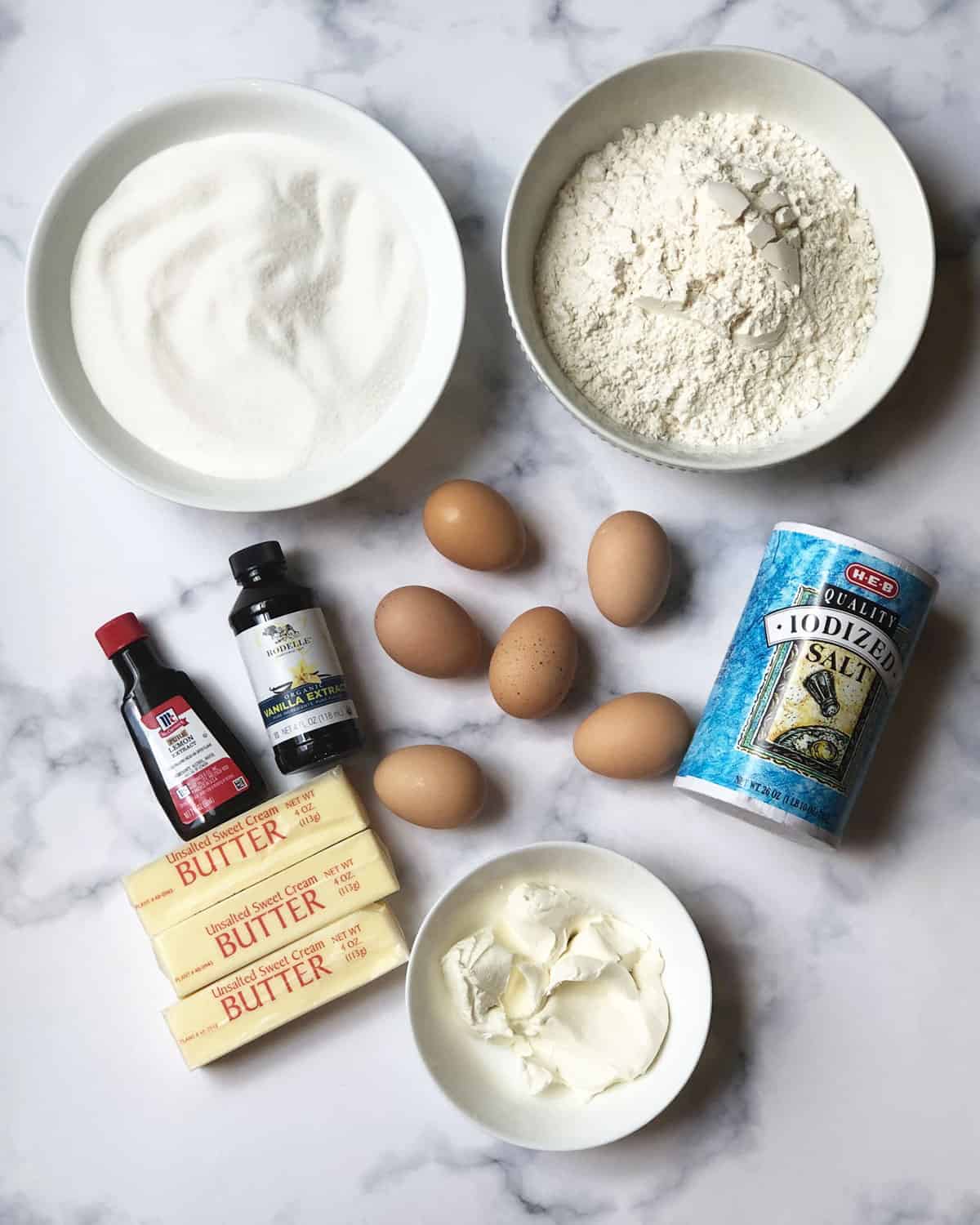 Ingredients needed to make Amish pound cake. 