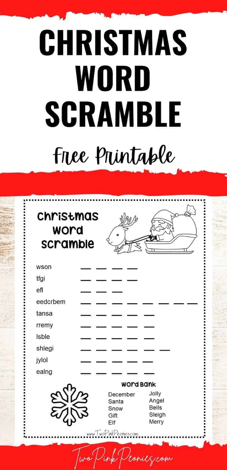 Text that says Christmas word scramble free printable below is a mock up of the printable. 