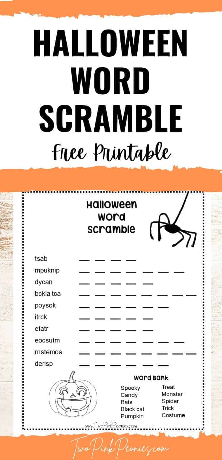 Text that says Halloween Word Scramble with Answer Key free printable. Below is a mock up of the printable. 