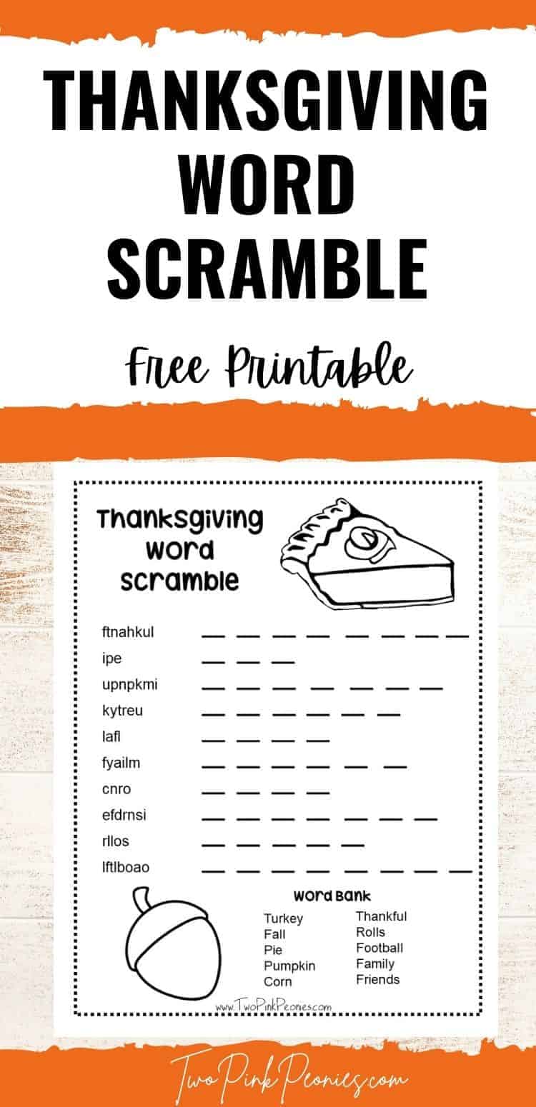 An image with text that says Thanksgiving Word Scramble with Answer Key free printable. Below is a mock up of the printable. 