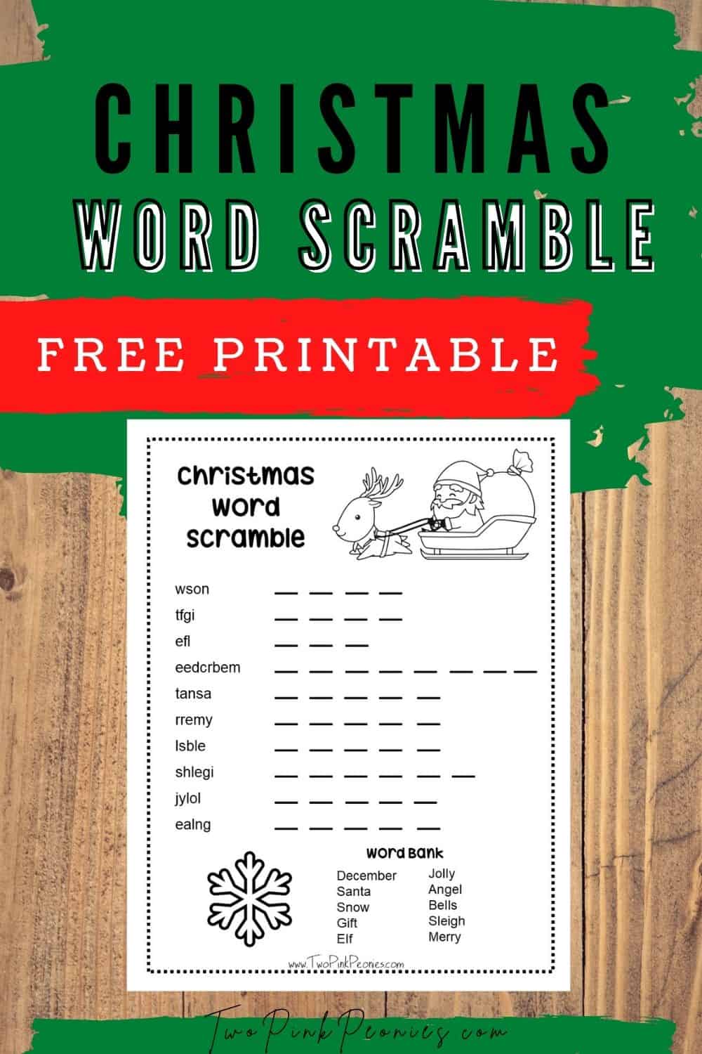 An image with text that says Christmas word scramble free printable. Below is a mock up of the printable. 