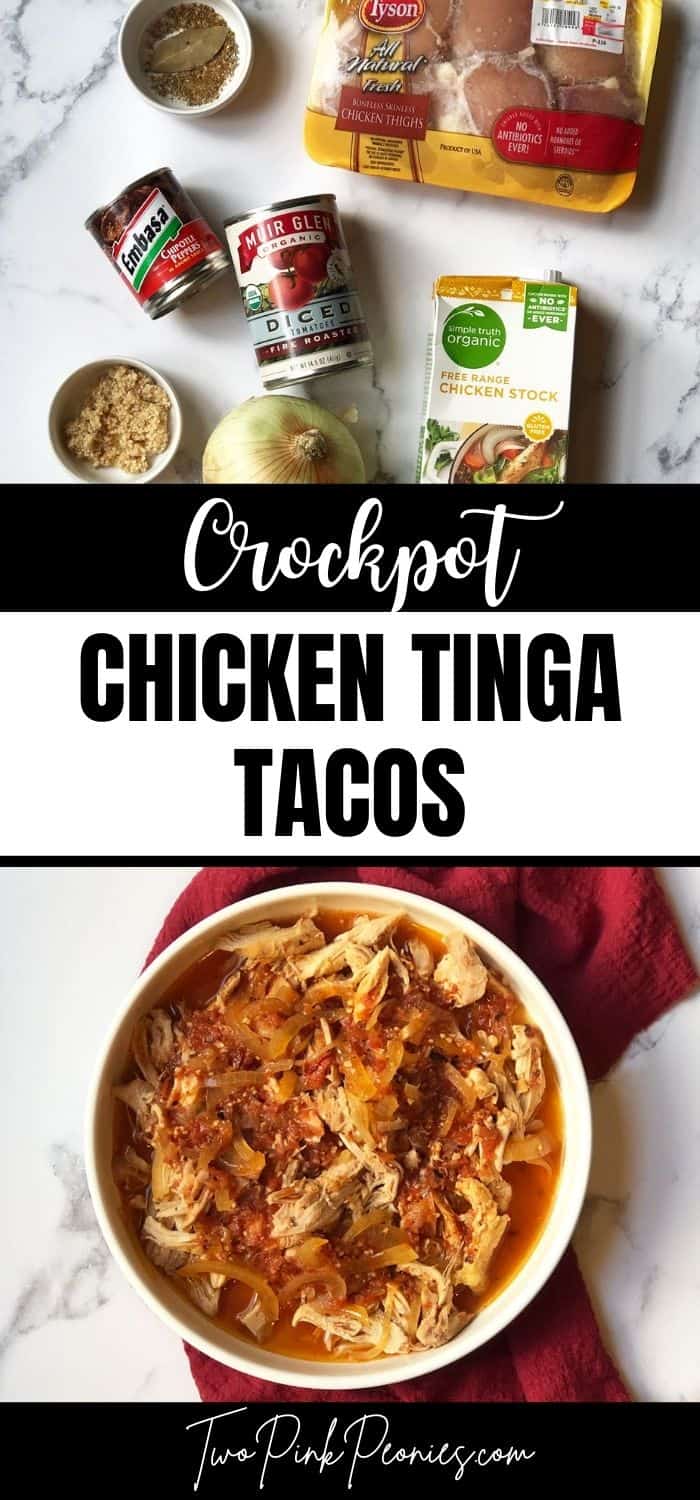 crockpot chicken tinga tacos ingredients list and prepared dish below