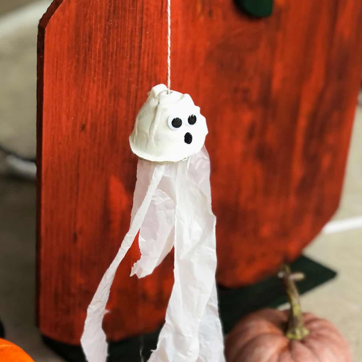 A ghost craft made from an egg carton and plastic bag.