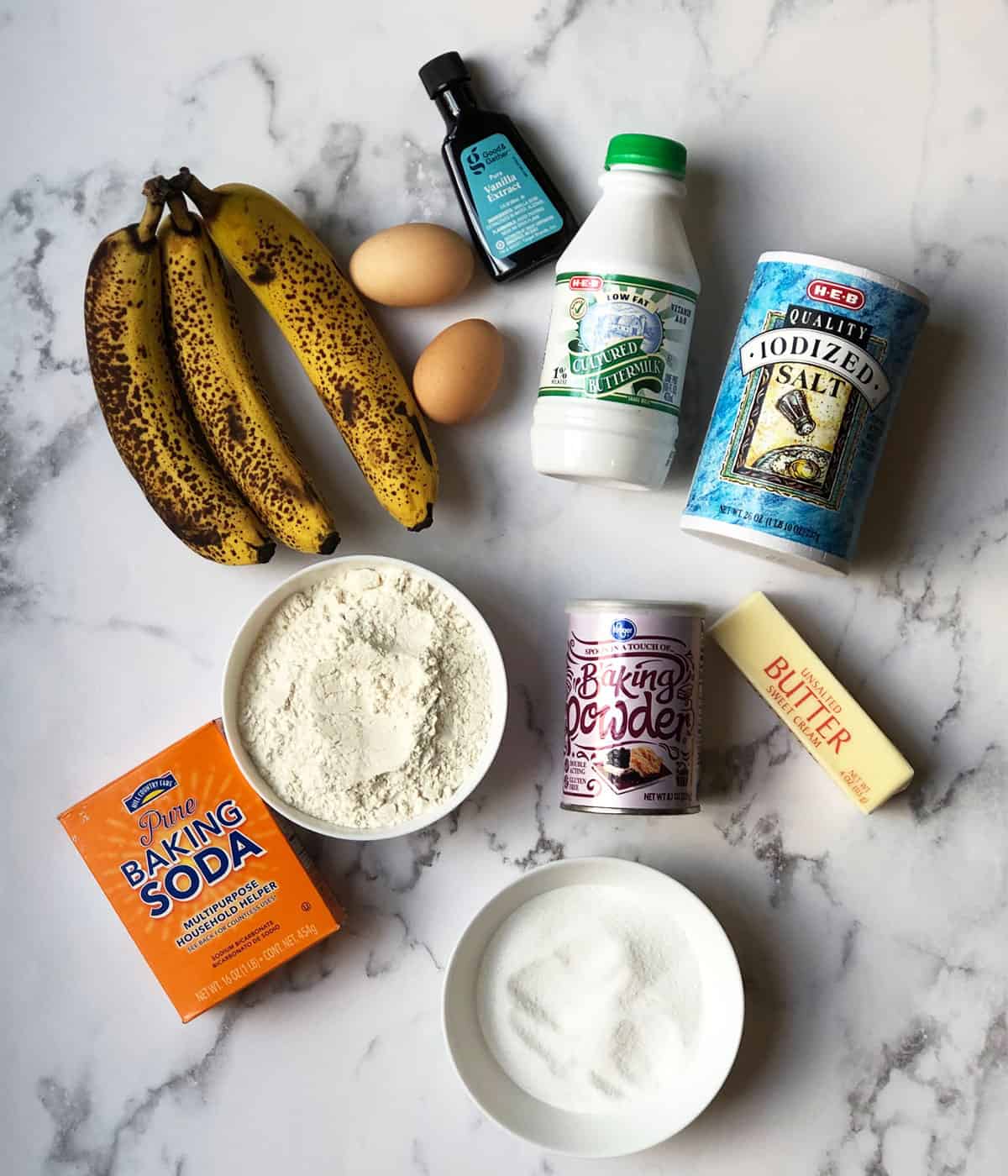 Ingredients needed to make old fashioned banana bread. 