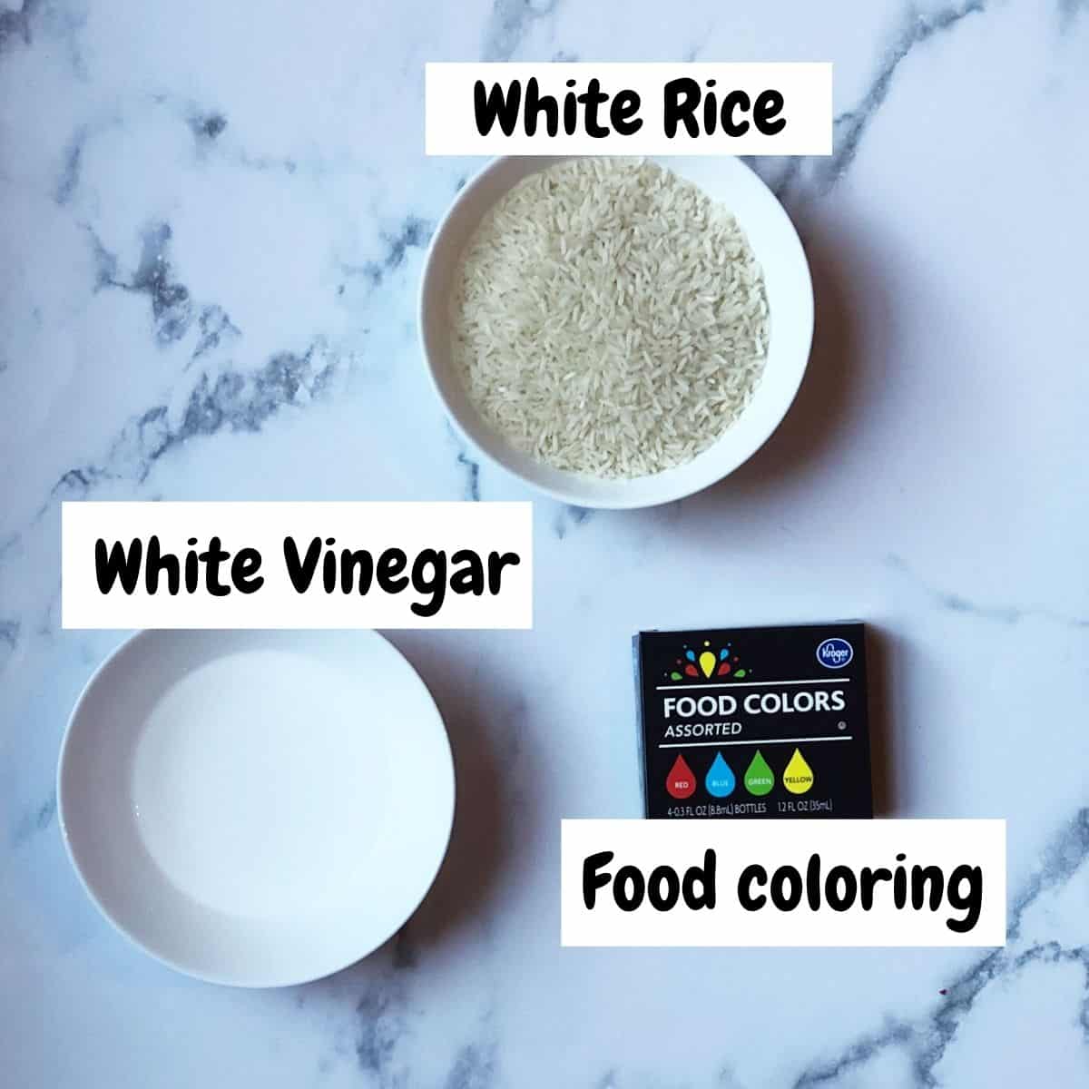 supplies needed to dye rice for sensory bins