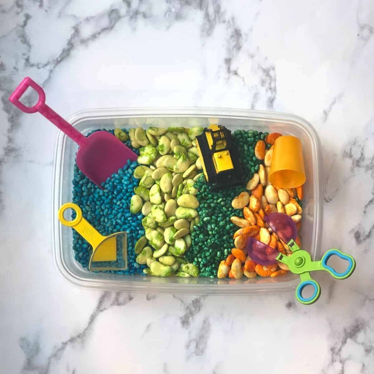 colorful Bean Sensory Bin with scoops and toys