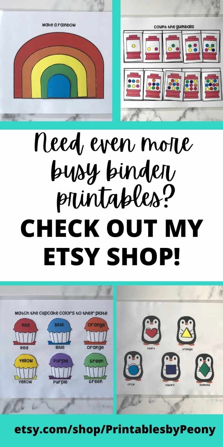 Image with various busy binder printables and text that says need even more busy binder printables? Check out my Etsy shop