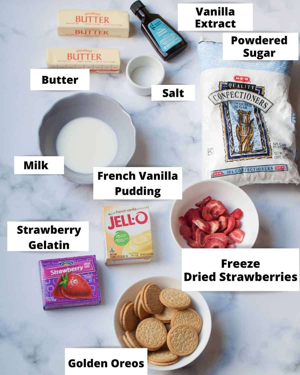 ingredients needed to make the frosting and topping for Strawberry Crunch Cupcakes