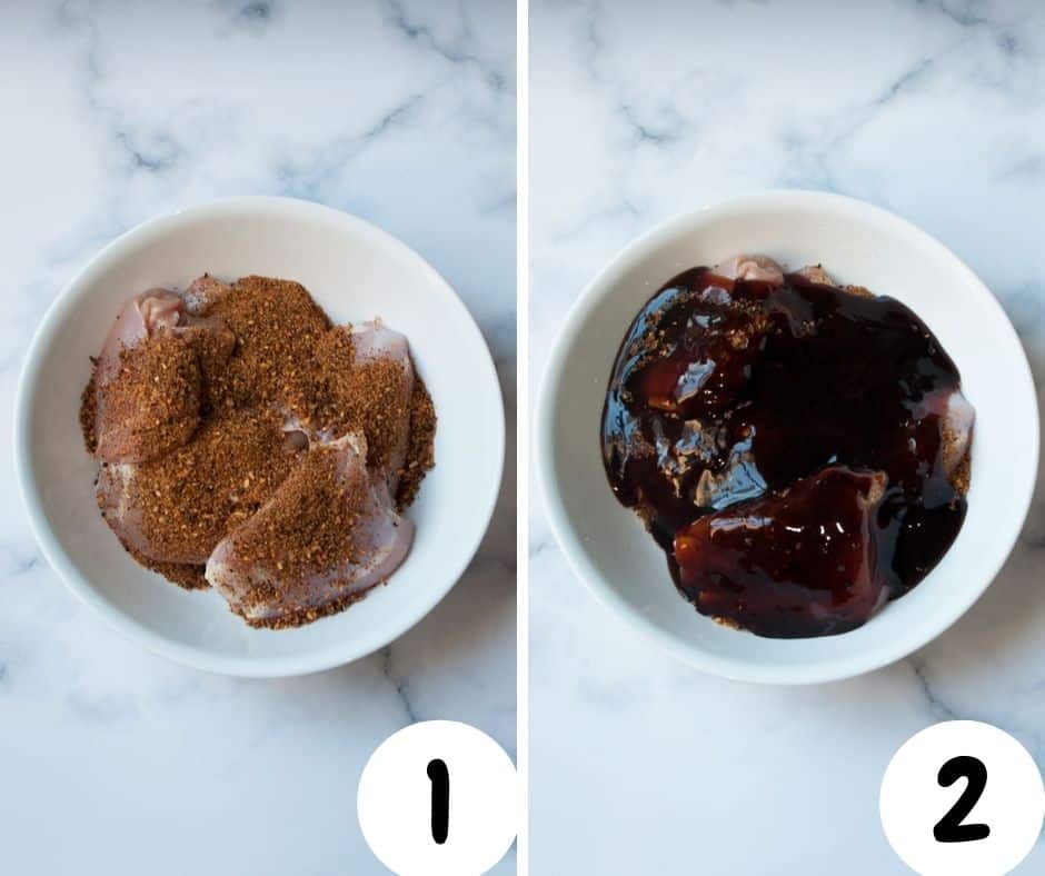 2 steps of the guide on how to make golden corral copycat bourbon chicken