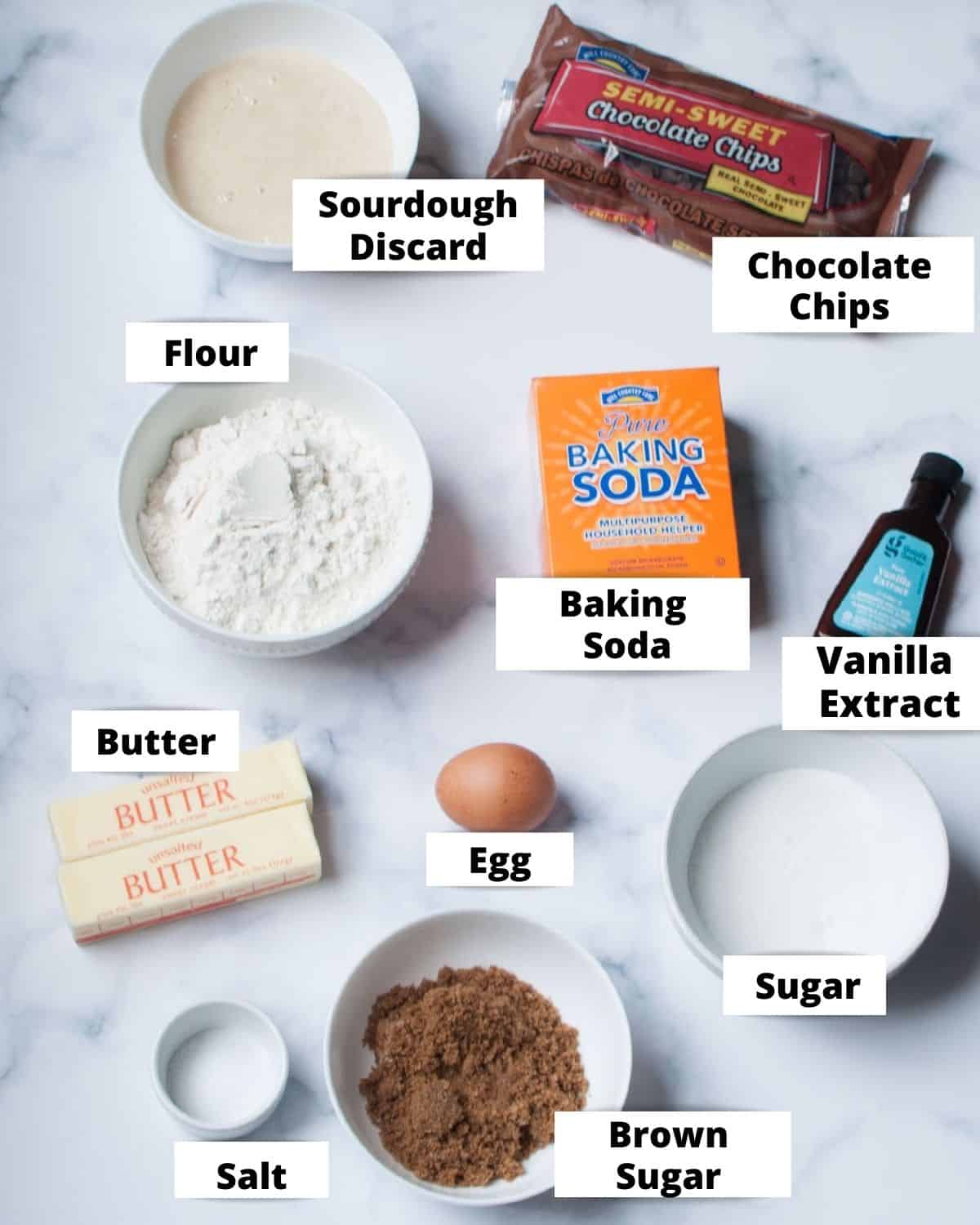 Ingredients needed for sourdough chocolate chip cookies