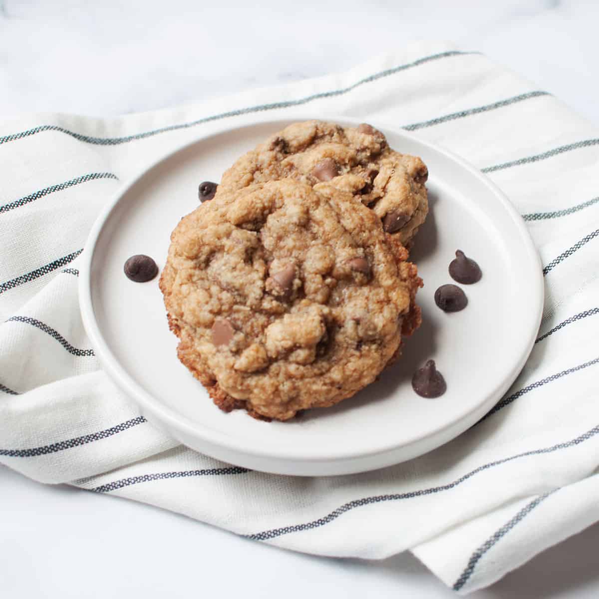 sourdough chocolate chip cookies on a plate