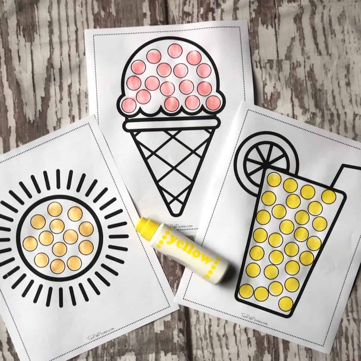summer dot marker pages (sun, ice cream, and lemonade pages)